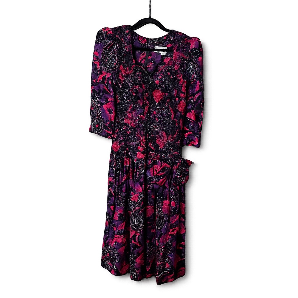 Vintage 1990s Paisley Drop Waist Midi Dress Purple Pink Bow Detail Boho - Picture 2 of 12